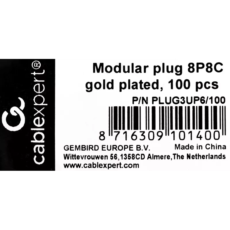 RJ45 spraudnis GEMBIRD PLUG3UP6/100, Cat5, taisns vīrišķais, caurspīdīgs, apzeltīti kontakti, iepakojumā 100