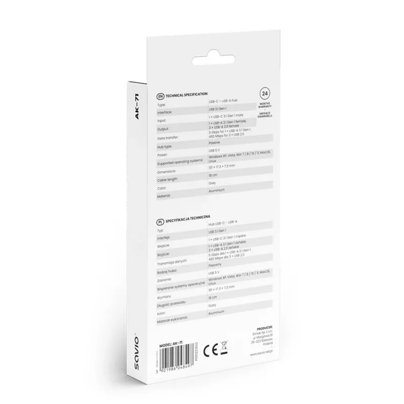 USB 3.0 4-portu saskarnes centrmezgls SAVIO AK-71 ar USB-C resursdatora pieslēgvietu, 5000 Mbit/s, 2 gadu garantija