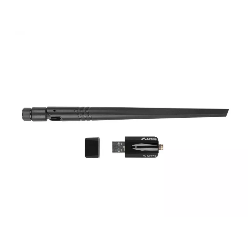 Iekšējā WLAN karte LANBERG NC-1200-WIE — Divu joslu USB WLAN adapteris, RTL8812BU, līdz 1200 Mbit/s, ārējās 2x2 antenas (5 dBi), melna