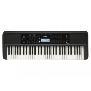 YAMAHA PSR-E383 tastatūra — 61 taustiņu pārnēsājama MIDI tastatūra, LCD displejs, USB, iebūvēti skaļruņi, darbināma ar baterijām (6), melna