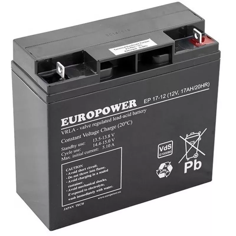 Hermētiska svina-skābes AGM baterija europower EP sērija 12V 17Ah – kalpošanas laiks 6–9 gadi