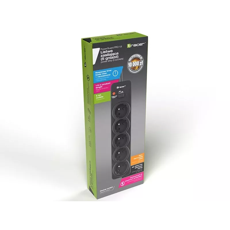 Tracer PowerGuard PRO Melns 5 maiņstrāvas rozetes 1,6 m 3680 W