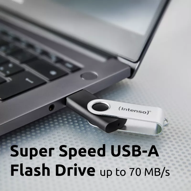 Intenso USB zibatmiņa Office Line, 64 GB, USB-A, 3.2 Gen 1x1, melns-sudraba, 64 GB, USB Type-A, 3.2 Gen 1 (3.1 Gen 1), grozāms gredzens, Melna, Sudraba