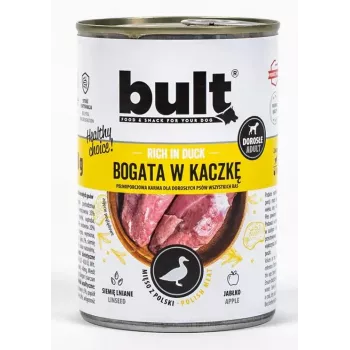 Mitrā suņu barība BULT Rich in duck 800 g — pilnvērtīga konservēta mitrā barība, 12% olbaltumvielu, 6,5% tauku, 77% mitruma