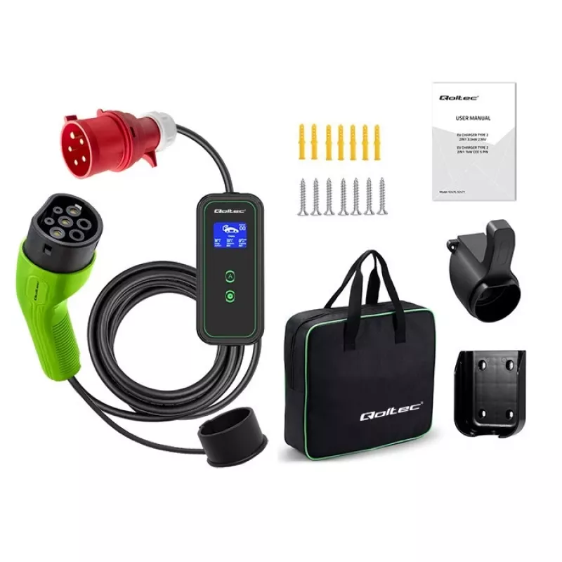 Electric car charger QOLTEC 52478 11 kW Type 2 plug 5 m kabelis