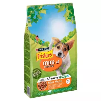 Sausā suņu barība Purina Nestle FRISKIES Mini Menu vista ar dārzeņiem 1,5 kg – pieaugušiem mazo šķirņu suņiem, 25% olbaltumvielu, 12% tauku