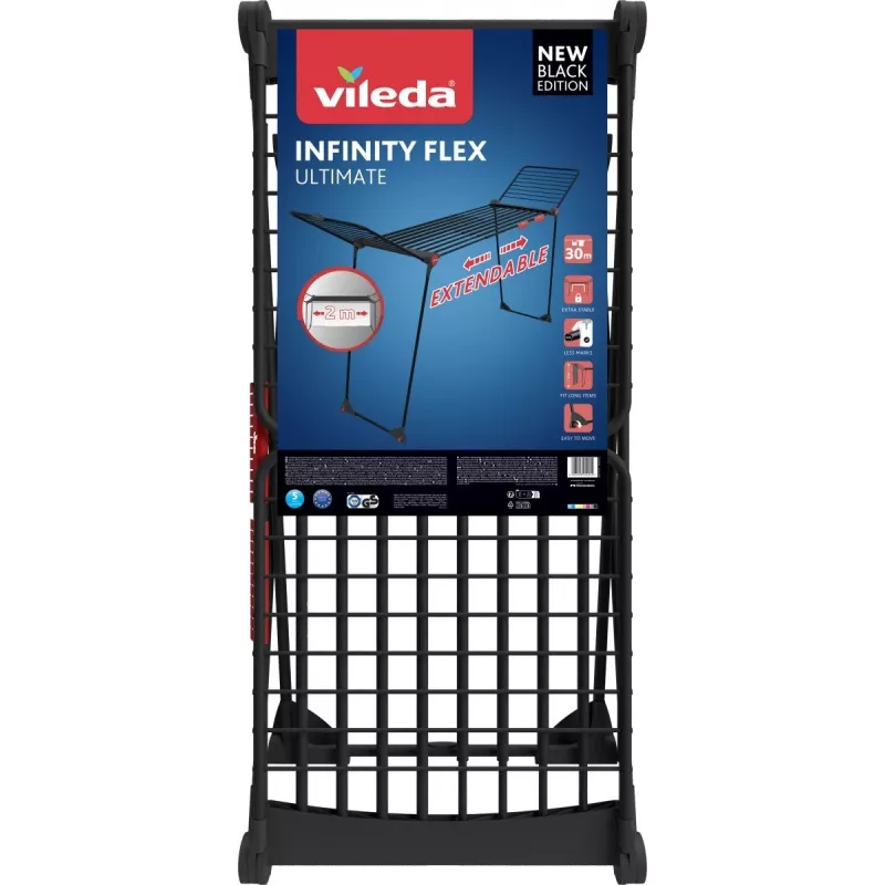 Veļas žāvētājs VILEDA Infinity Flex Ultimate Teleskopisks — melns, pārklāts alumīnijs, 30 m žāvēšanas telpas, salokāms, ritentiņi