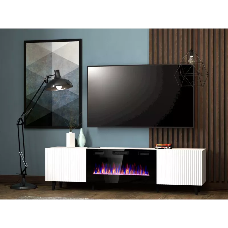 TV skapītis Cama Meble PAFOS EF ar elektrisko kamīnu 180×42×49 cm, balts, matēts