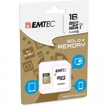 EMTEC Gold+ - Zibatmiņas karte (SD adapteris iekļauts) - 16GB - Class 10 - microSD - Gold (ECMSDM16GHC10GP)