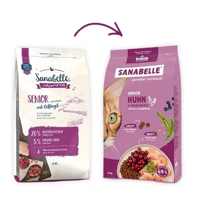 Sausā kaķu barība Bosch Sanabelle Life Senior — vistas gaļa un dzērvenes, 8 kg, 29% olbaltumvielu, 13% tauku