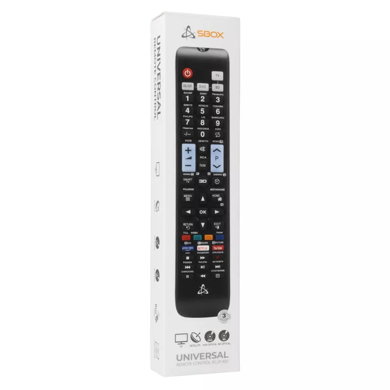 Universālā tālvadības pults SBOX RC-01400 — aizvietotājs televizoriem, televizora pierīcēm un DVD atskaņotājiem