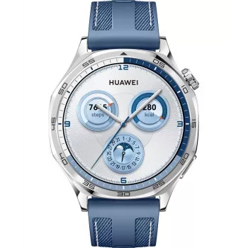 Viedpulkstenis HUAWEI WATCH GT5 46mm — 1,43 collu AMOLED, GPS, 524 mAh, nerūsējošā tērauda korpuss, zila austa siksniņa