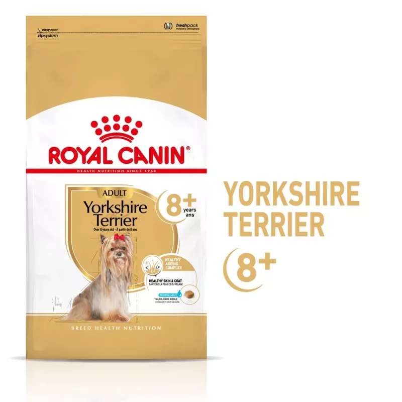 Sausā suņu barība Royal Canin Yorkshire Terrier 8+ 1,5 kg — mājputni, vecāka gadagājuma mazo šķirņu suņiem, 29% olbaltumvielu, 18% tauku