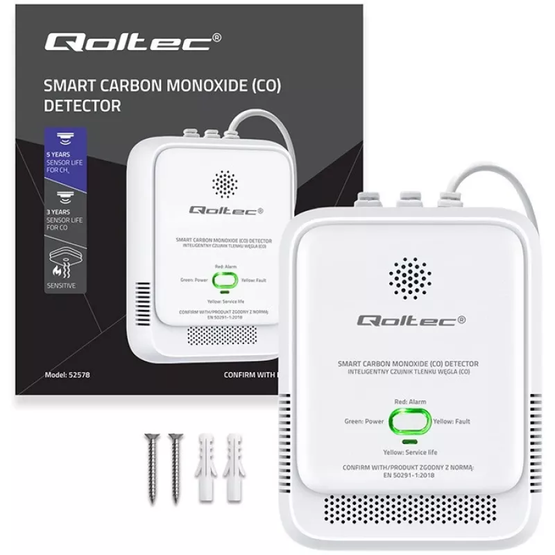 CO detektora signalizators QOLTEC 52576 — oglekļa monoksīda sensors, 85 dB signalizācija