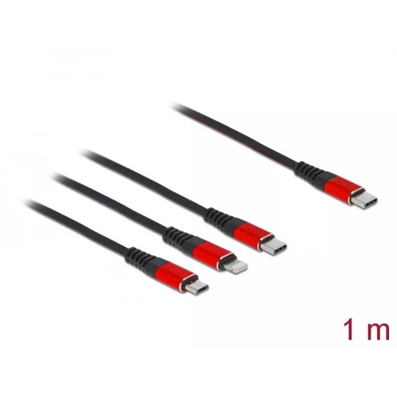 USB lādēšanas kabelis DeLOCK 3-in-1 USB Type-C uz Lightning / Micro USB / USB Type-C 1 m melns sarkans
