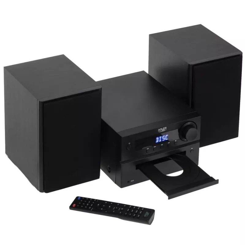 Mini Hi‑Fi stereo sistēma Adler AD 1917 — Bluetooth V5.3, CD/USB/MP3, 2×25W RMS, FM uztvērējs, 4 joslu EQ, AUX, melna
