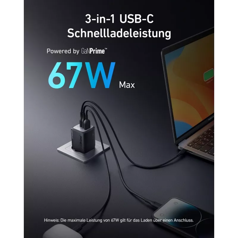 Iekštelpu USB ātrās uzlādes lādētājs Anker Prime A2669313 — 67 W, 1×USB-A, 2×USB-C, melns