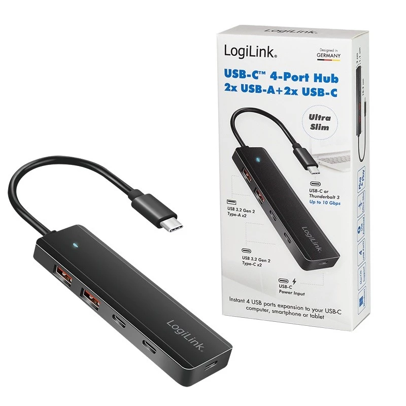 USB-C centrmezgls, 4 porti 2x USB-A, 2x USB-C, melns