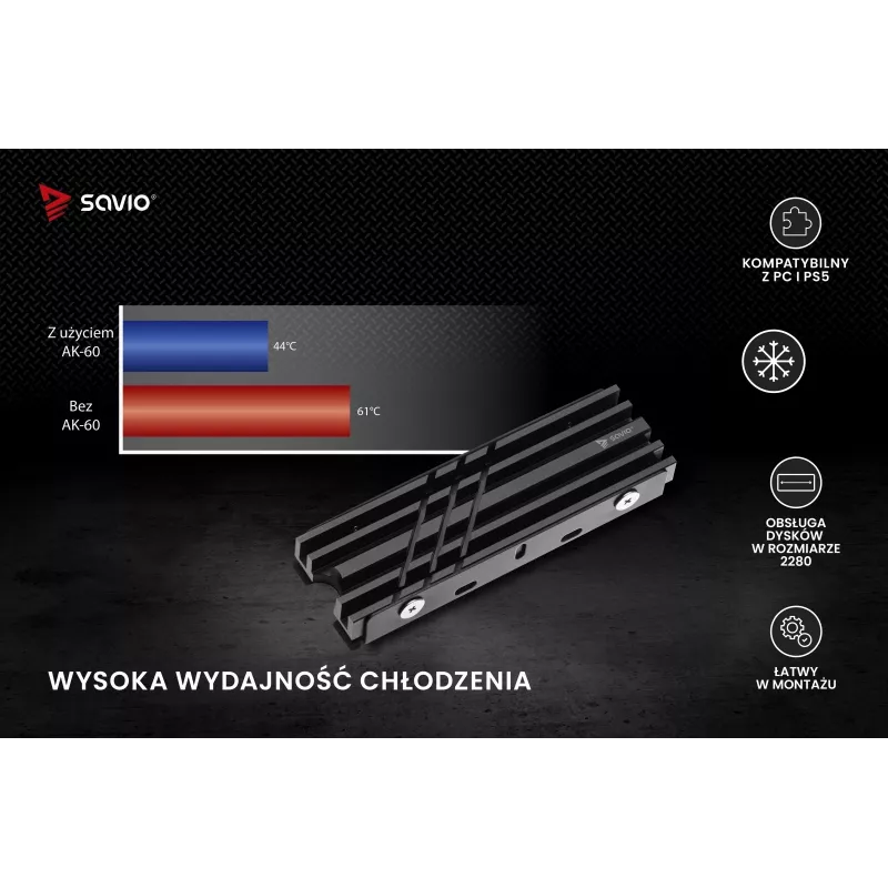 Gaisa dzesētājs SAVIO M.2 NVMe 2280 AK-60 melns radiators 22x80 mm SSD