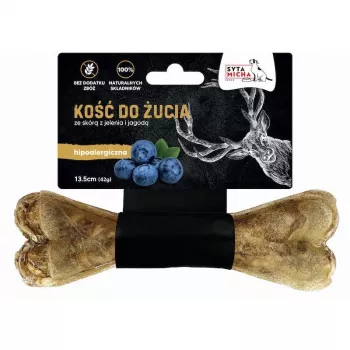 Suņu košļājamā kaula kārums SYTA MICHA Brieža āda un ogas 13,5 cm — zobu kopšanas kārums, brieža gaļas garša, bez lipekļa un konservantiem
