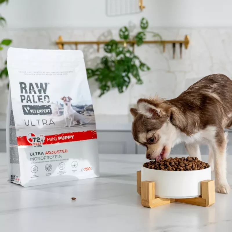 Sausā suņu barība VETEXPERT RAW PALEO Ultra Mini Puppy Beef 2 kg — sausā granulu barība mazu šķirņu kucēniem, 30,5% olbaltumvielu, 16,5% tauku
