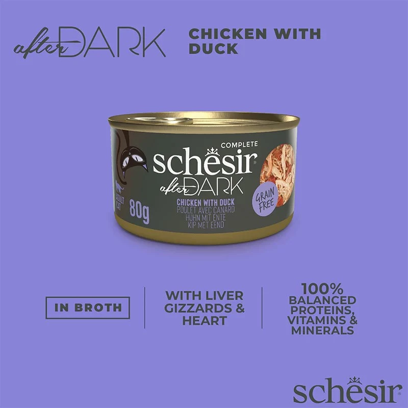 Slapjā kaķu barība Agras Pet Foods Schesir after Dark Complete Brühe 80 g — vista, bezgraudu, bez lipekļa un sojas
