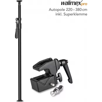 Gaismas statīvs/teleskopisks stabs walimex Autopole 220–380 cm ar Super Clamp