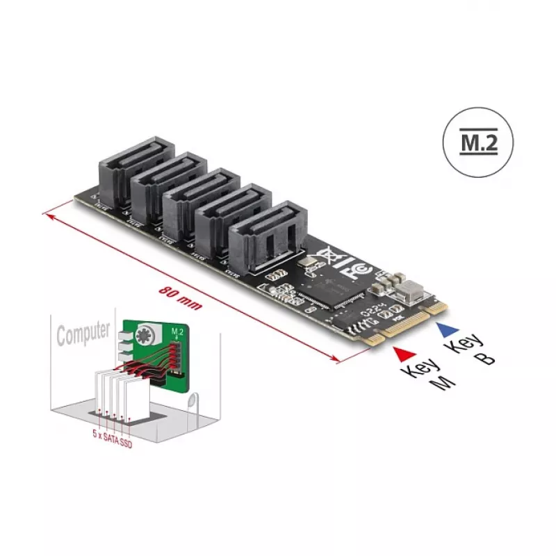 Iekšējais SATA adapteris DELOCK 64241 M.2 (Key B+M) uz 5x SATA ar JMicron JMB585, LED indikatori, priekš datora