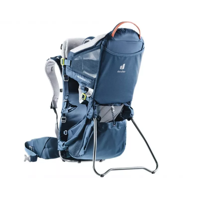 Bērnu pārnēsājamā mugursoma DEUTER Kid Comfort Active — zila, poliamīds, līdz 22 kg, saulessargs, kāju balsts, VariQuick, Lite Air