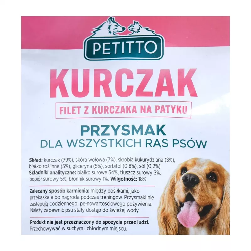 Suņu gardumi PETITTO Vistas fileja uz kociņa 500 g — mājputnu diētiskā uzkoda, 500 g plastmasas iepakojums