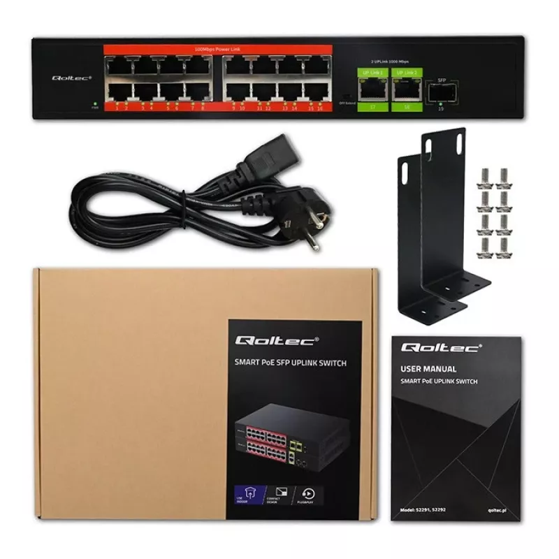 Ethernet PoE komutators QOLTEC 16x RJ45, 2x RJ45 uplink, 1x SFP (MPN 52291)