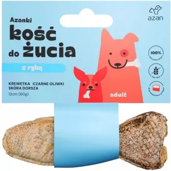 AZANKI kauls ar garnelēm un melnajām olīvām mencas ādā, veidots kā zivs – suņu gardums – 12 cm
