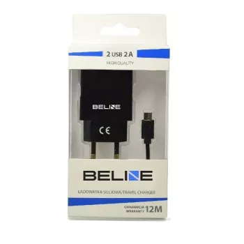 Ceļojumu lādētājs Beline Beli0011 — 2×USB pieslēgvietas, microUSB kabelis, 2A izeja, melns