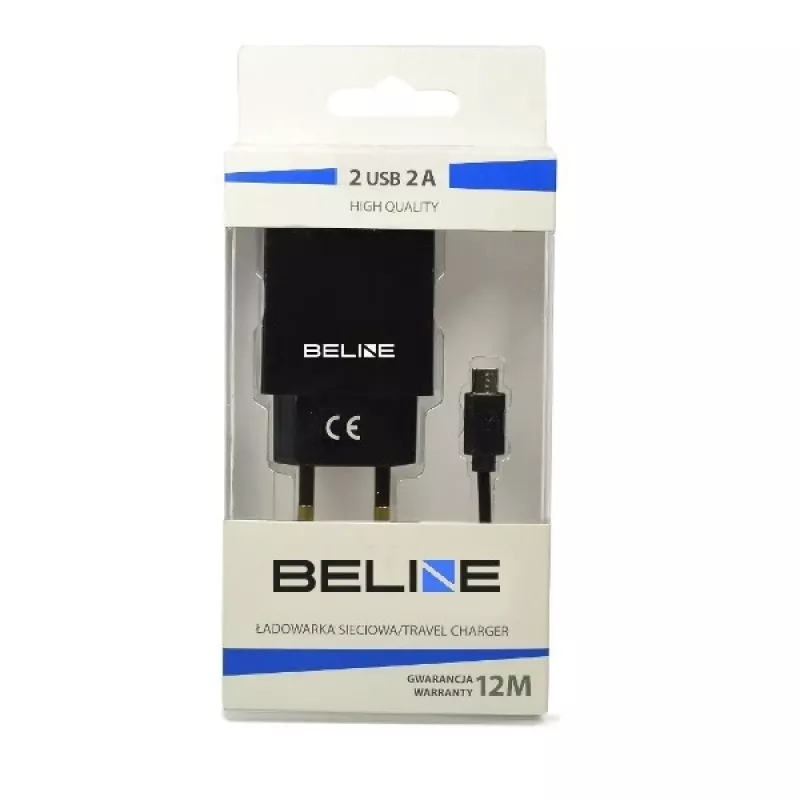 Ceļojumu lādētājs Beline Beli0011 — 2×USB pieslēgvietas, microUSB kabelis, 2A izeja, melns