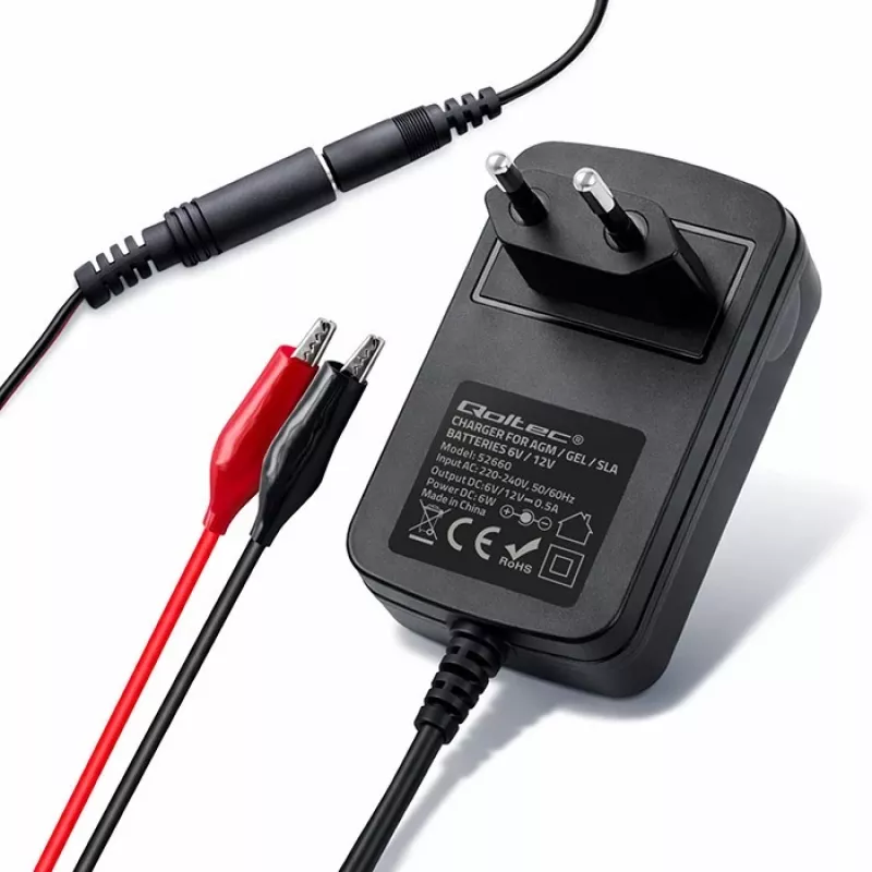 Akumulatora lādētājs QOLTEC modelis 52660 — 6V/12V, 6W lādēšanas bloks