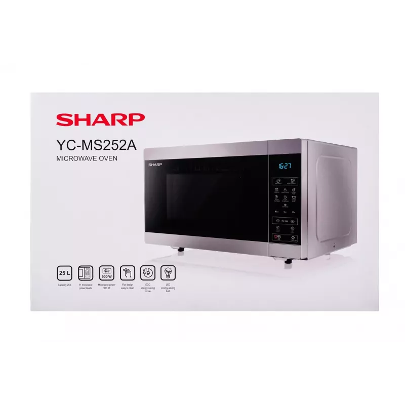 Mikroviļņu krāsns Sharp YC-MS252AE-S, uz galda virsmas, 900 W, 25 L, 11 jaudas līmeņi, skārienjutīga vadība, sudraba