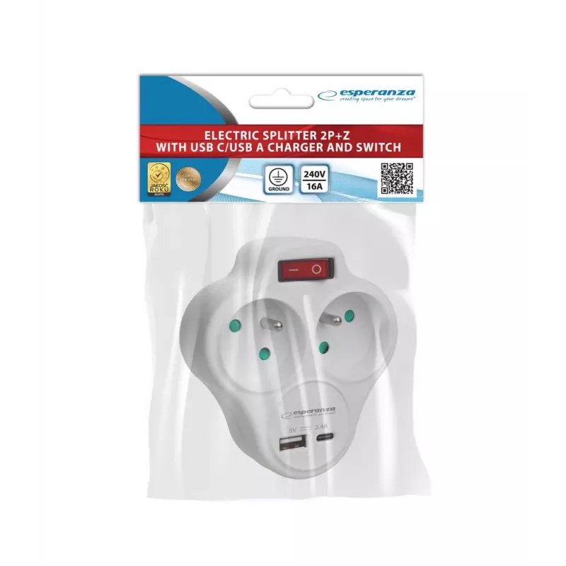 Esperanza ELK311W elektriskais sadalītājs 2 GN. USB-C USB-A ON. Balts
