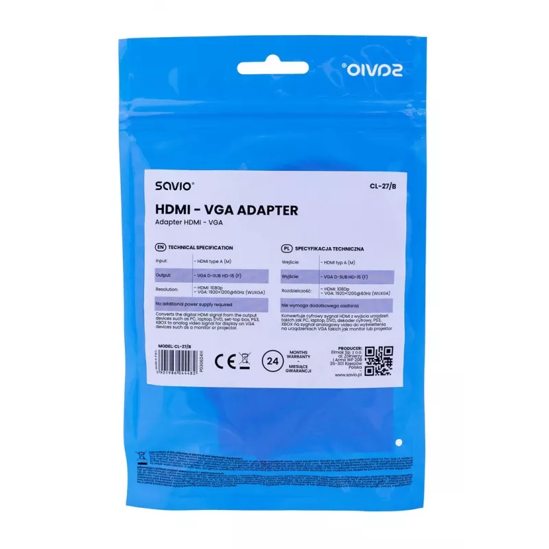 Savio CL-27B video kabeļa adapteris 0.1 m HDMI Type A (Standard) VGA (D-Sub) Balts