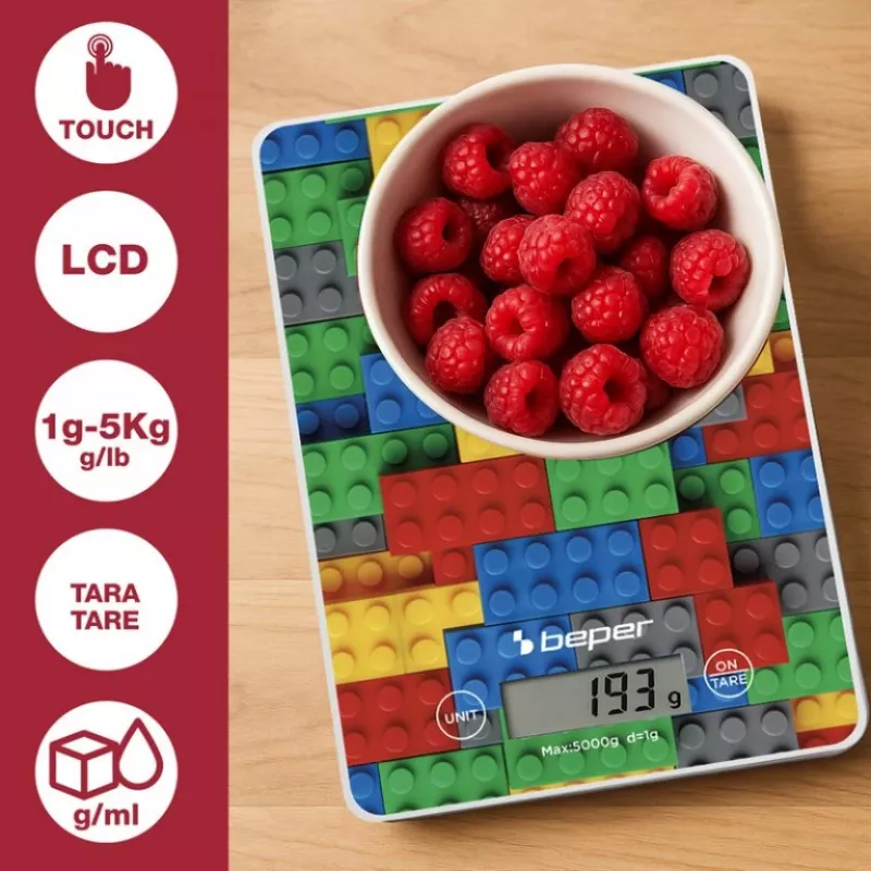 Virtuves svari Beper P102BIL005 - digitālie, 5 kg, 1 g, krāsaini ķieģeļi