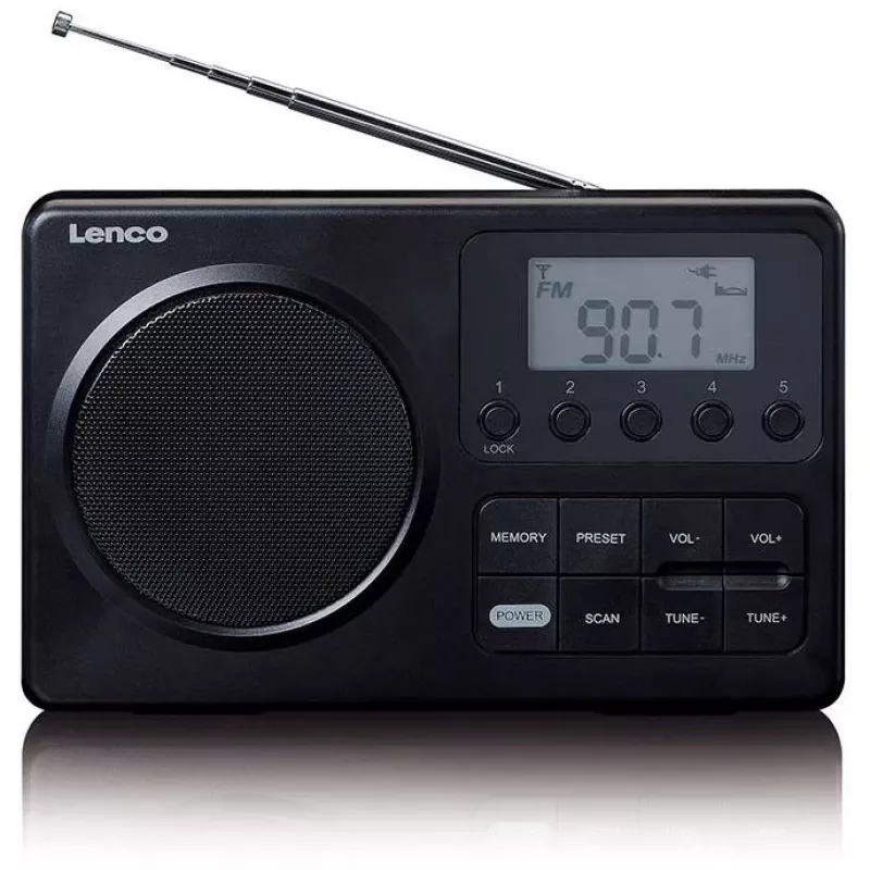 Pārnēsājams radio Lenco MPR-035BK — FM/AM, tīkla un bateriju barošana, 2,5 collu LCD, 20 FM iepriekšiestatījumi, 3,5 mm izeja
