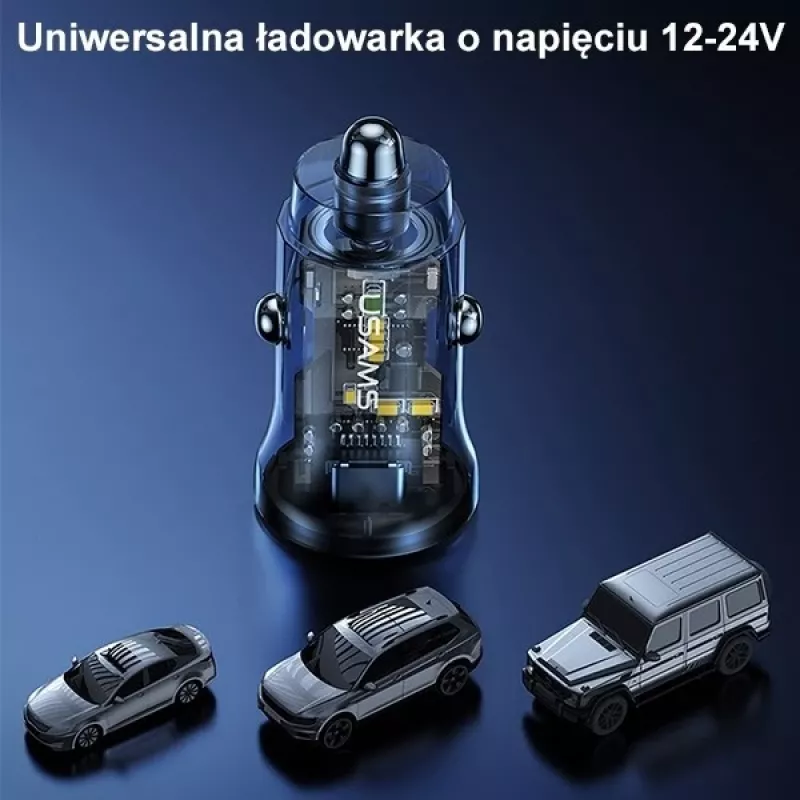 Auto lādētājs usams CC164CC01 30W ar 1×USB-A un 1×USB-C ātrai uzlādei