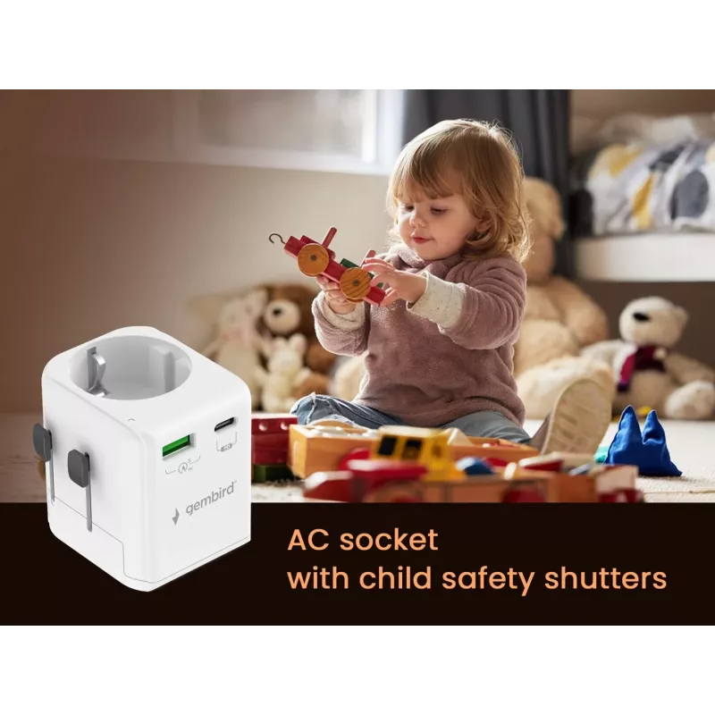 Ceļojuma strāvas adapteris GEMBIRD TPA-EU1A1C20-01-W 20W, USB-A 18W + USB-C 20W, Schuko ligzda, ieeja 100–250 V