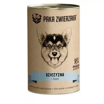 Mitrā suņu barība PAKA ZWIERZAKA Game and Salmon 400 g — konservēta barība pieaugušiem suņiem, brieža gaļa & lasis, olbaltumvielas 10,4%, tauki 6,9%, mitrums 76%