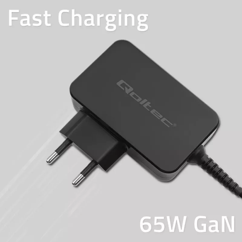 Qoltec 52386 GaN POWER PRO lādētājs | 1xUSB-C | 65W | 5-20V | 3-3.25A | Melns