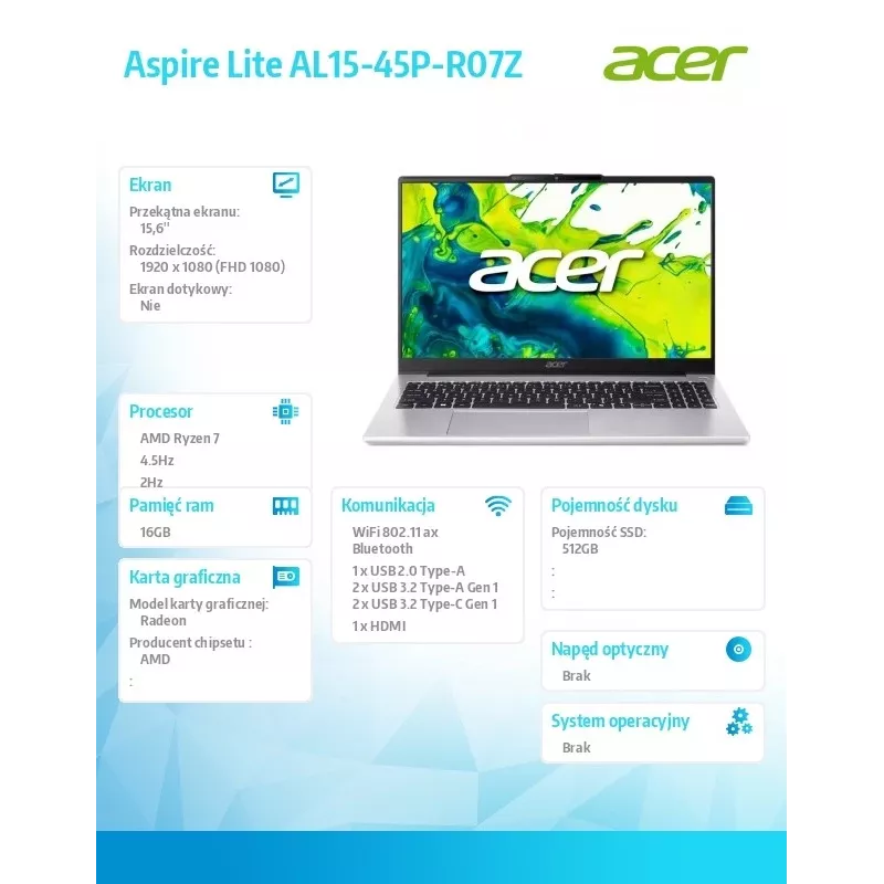 Acer Aspire Lite klēpjdators ar Ryzen 7 5825U, 15,6 collu FHD displeju, 16 GB RAM, 512 GB SSD