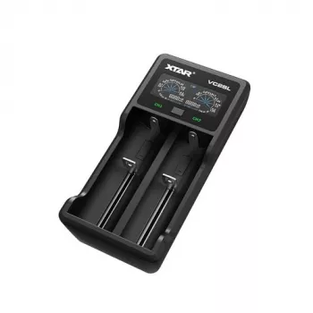 Baterijas lādētājs XTAR VC2SL — USB 5V 1A, LCD, lādē 2 elementus, saderīgs ar Li‑Ion/NiMH/NiCd, izmēri A/AA/AAA/AAAA/C/D/SC, melns