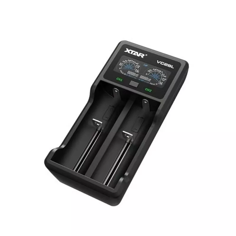 Baterijas lādētājs XTAR VC2SL — USB 5V 1A, LCD, lādē 2 elementus, saderīgs ar Li‑Ion/NiMH/NiCd, izmēri A/AA/AAA/AAAA/C/D/SC, melns