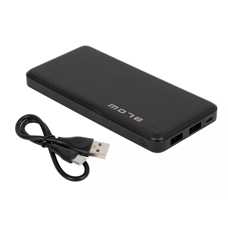 Pārnēsājams ārējais akumulators BLOW PB10A 10000mAh polimēra baterija, 2x USB-A izejas, 22,5W kopējā jauda, Micro‑USB ieeja, melns