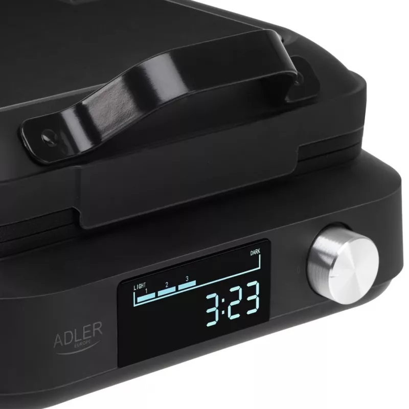 Vafeļu cepējs Adler AD 3087 — elektriskais Beļģu vafeļu dzelzs, 2200 W, 2 taisnstūrveida plāksnes 9×17 cm, melns