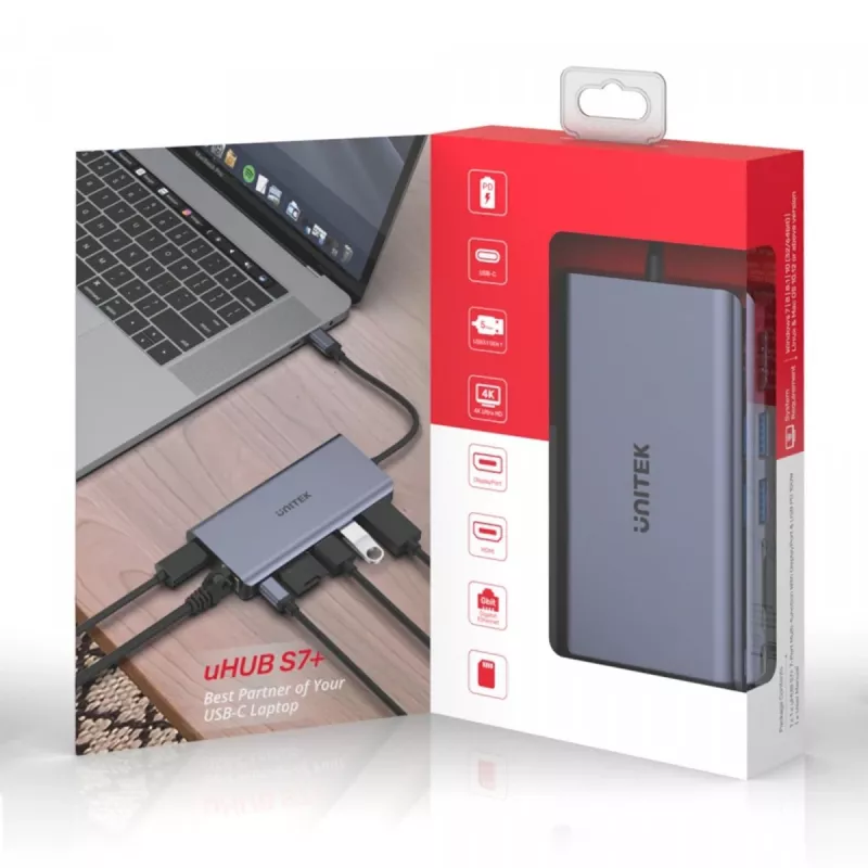 Hub UNITEK uHUB S7 USB 3.2 Gen 1 Type-C pelēka